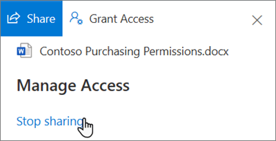 Screenshot of the Stop sharing link in the Manage Access pane in the Shared by me view in OneDrive for Business